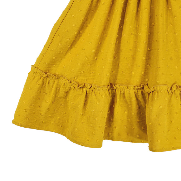 Veronica M. Mini Dress L Women Mustard Yellow Swiss Dot Ruched Ruffle Sleeveless - Picture 14 of 15